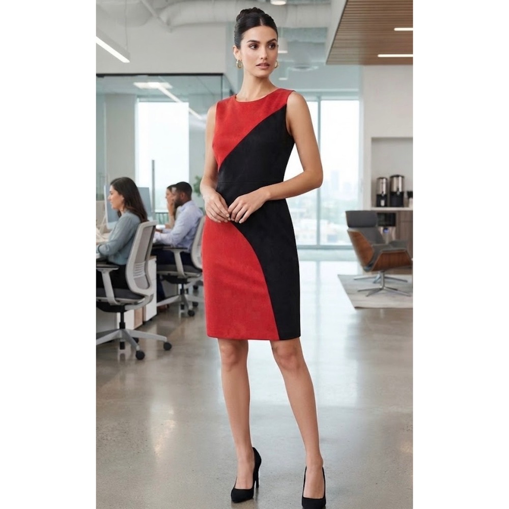 Calvin Klein Womens Red Black Colorblock Faux Suede Sleeveless Sheath Dress 4